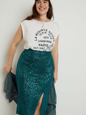 Maeve Teal Sequin Midi Skirt with Side Slit